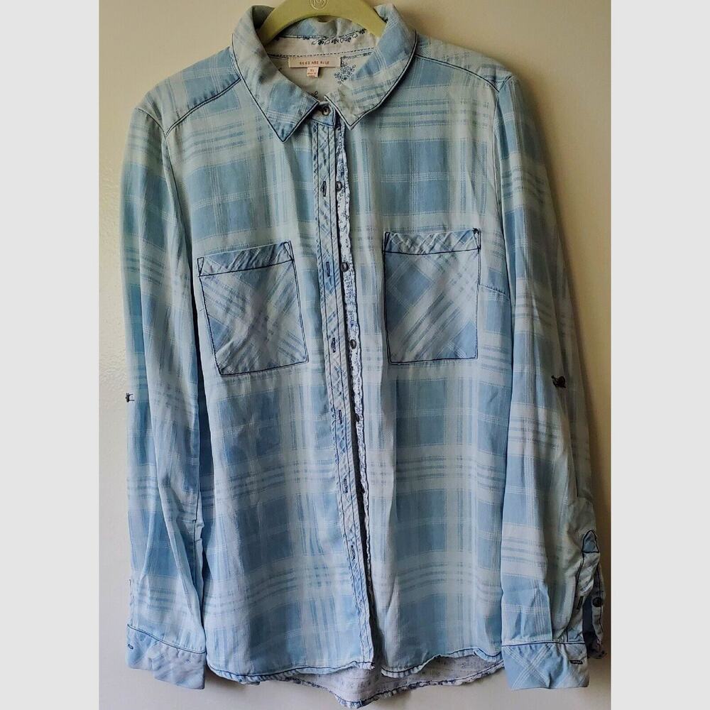 Anthropologie SKIES ARE BLUE WOMENS TOP BLOUSE SOFT BLUE PATCHWORK PAISLEY XS